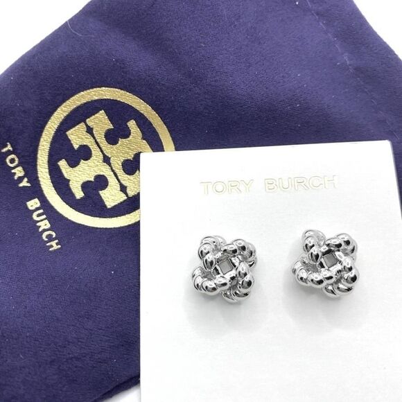 NWOT Tory Burch Silver Logo knot Stud Earrings - Picture 6 of 8
